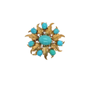 18K Yellow Gold Turquoise and Diamond Brooch