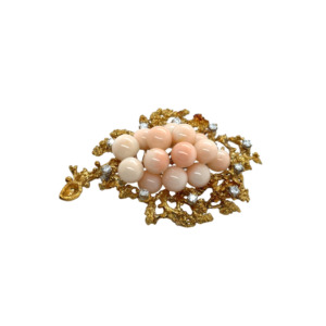 Brutalist 18K Yellow Gold Angel Skin Coral and Diamond Brooch