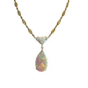 Antique 18K Yellow Gold Opal and Diamond Necklace
