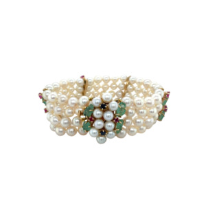 14K Yellow Gold Pearl, Emerald, and Ruby Bracelet