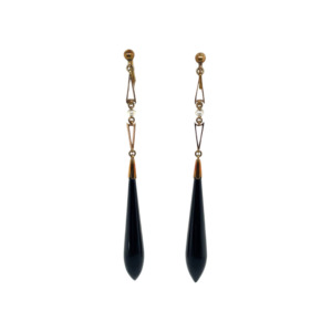 Victorian 14K Yellow Gold Onyx and Pearl Drop Earrings