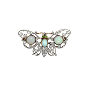 Edwardian Platinum over 14k Yellow Gold Opal and Diamond Butterfly Brooch