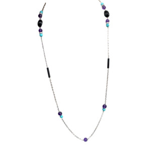 18K White Gold Amethyst, Onyx, Turquoise, and Diamond Chain