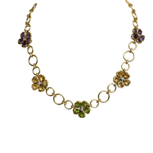 18K Yellow Gold Amethyst, Citrine, Peridot, and Diamond Necklace