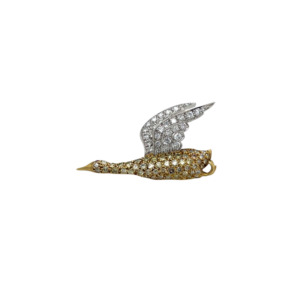 18K Yellow Gold & Platinum Diamond Duck Brooch