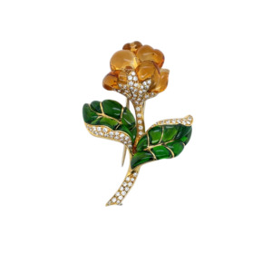 French 18K Yellow Gold Brooch with Citrine, Tourmaline, and Diamond