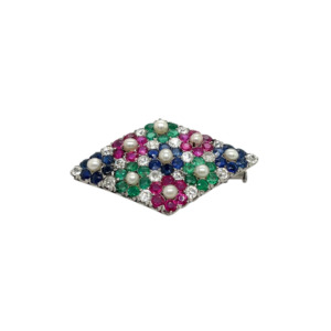 Art Deco Platinum Ruby, Emerald, Sapphire, and Natural Pearl Brooch