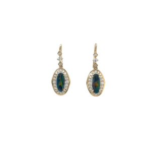14K Yellow Gold Black Opal and Diamond Drop Earrings