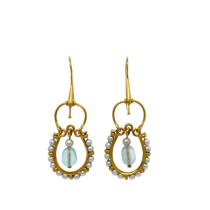 14K Yellow Gold Aquamarine and Pearl Earrings