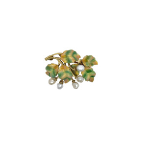 Art Nouveau 14K Yellow Gold Enamel and Seed Pearl Brooch