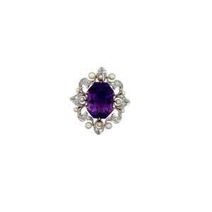 Edwardian Platinum over Gold Amethyst, Pearl, and Diamond Pendant
