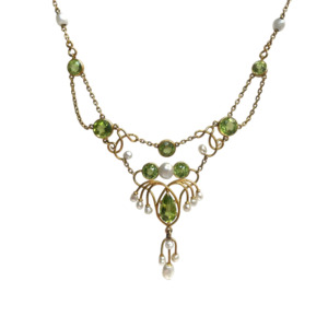 Art Nouveau 14K Yellow Gold Peridot and Seed Pearl Necklace