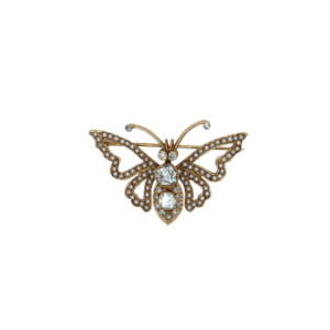 14K Yellow Gold Diamond and Seed Pearl Brooch