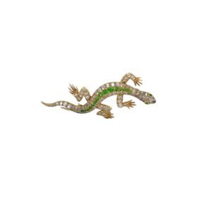 Edwardian 14K Yellow Gold Demantoid and Diamond Lizard Brooch