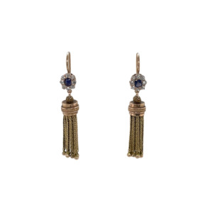 Antique 14K Yellow Gold Sapphire and Diamond Tassel Earrings